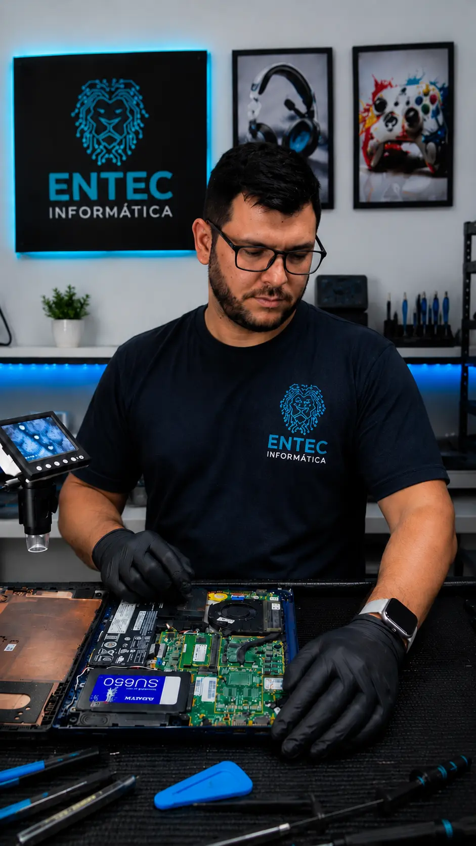 notebook em manutenção na bancada técnica
